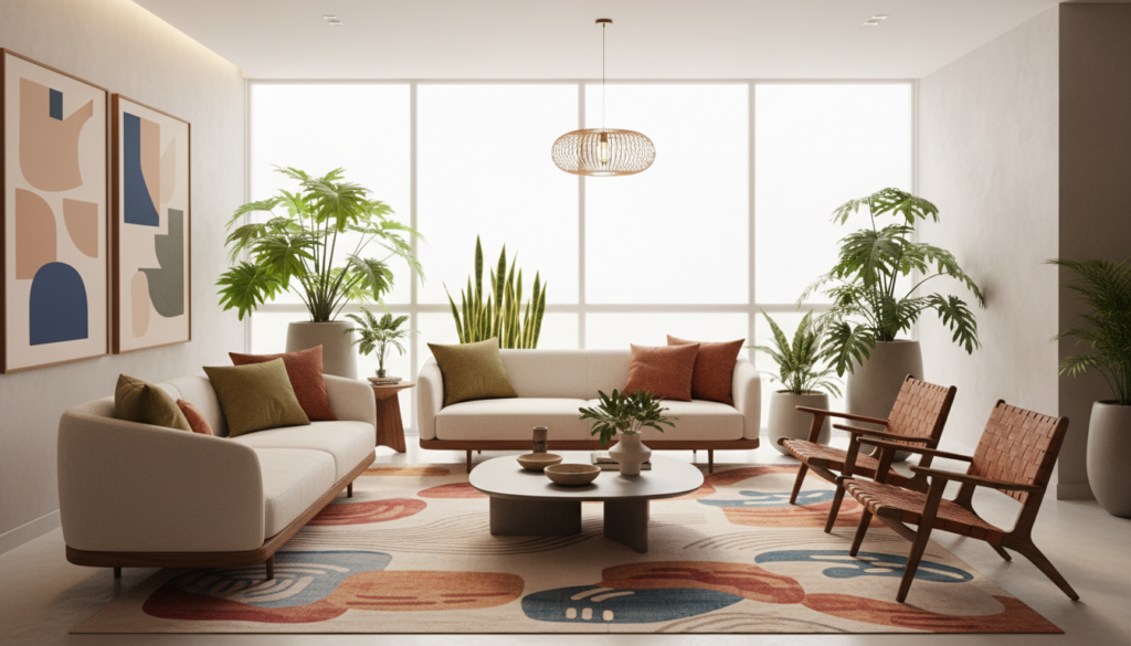 Uma sala de estar moderna com design "flutuante", com mobiliário modular que inclui um sofá elegante, poltronas e uma mesa de centro estilosa, todos dispostos livremente no espaço, em vez de encostados nas paredes.