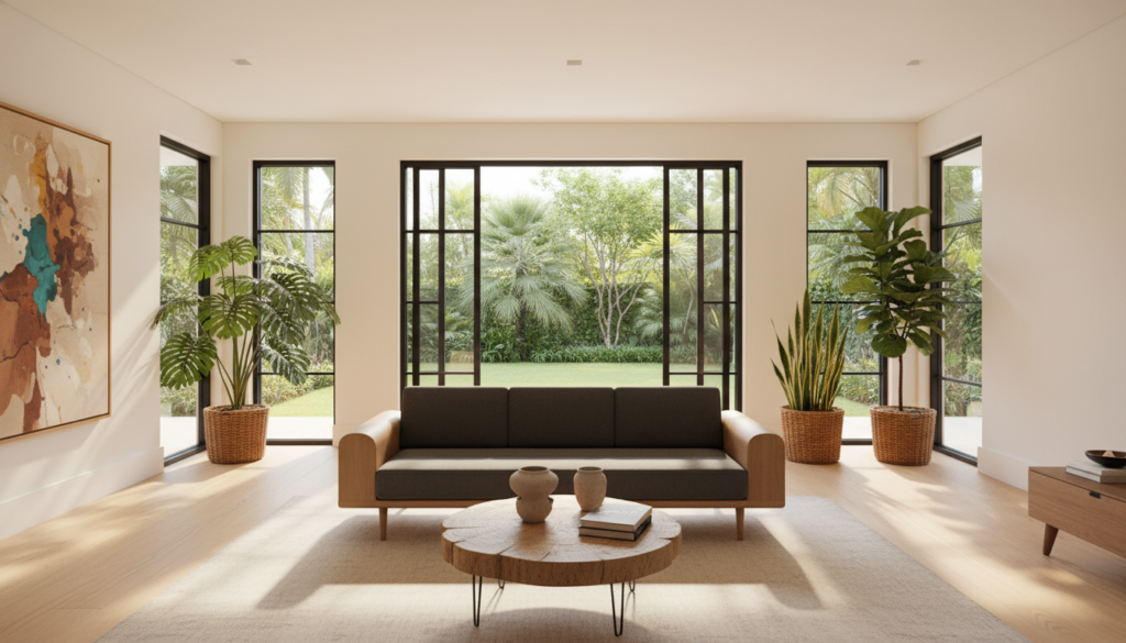 Uma sala de estar moderna com design de "layout flutuante". Em primeiro plano, um sofá elegante e minimalista, afastado das paredes, com detalhes artísticos em madeira e uma mesa de centro estilosa.