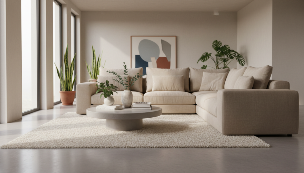 Uma sala de estar espaçosa e moderna com um elegante sofá individual posicionado estrategicamente no canto.