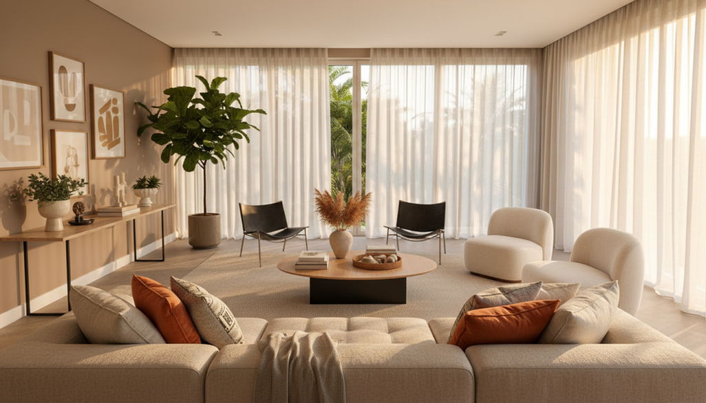 Uma sala de estar elegante com um layout moderno e fluido, com um sofá cuidadosamente escolhido que exemplifica conforto e sofisticação.