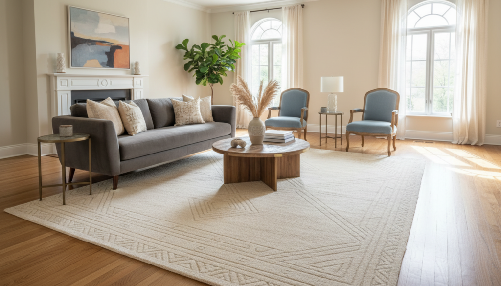 Uma sala de estar elegante com um tapete de tamanho perfeito que amplia a sensação de espaço, exibindo uma mistura de decoração moderna e tradicional.