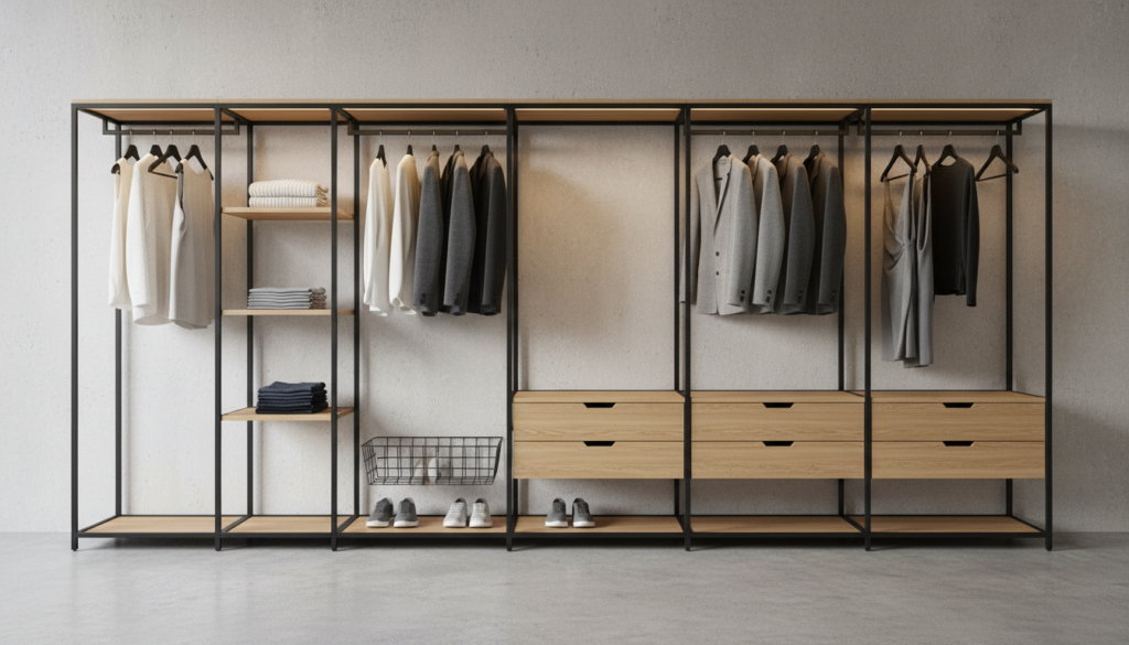 Imagem de um guarda-roupa modular sem portas com design minimalista