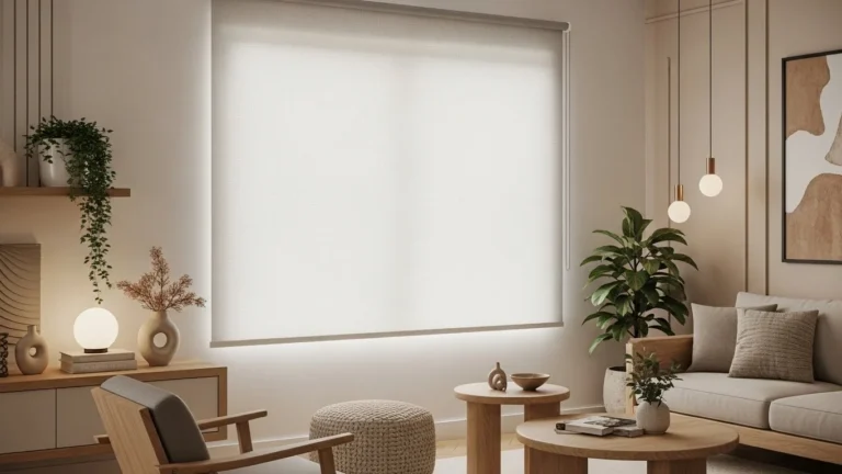 Sala contemporânea brasileira com persiana rolo blackout elegante, tecido sofisticado e acabamento decorativo moderno.