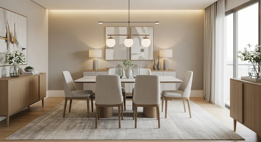 Sala de jantar moderna com tapete grande o suficiente para acomodar mesa e cadeiras mesmo quando estão afastadas.
