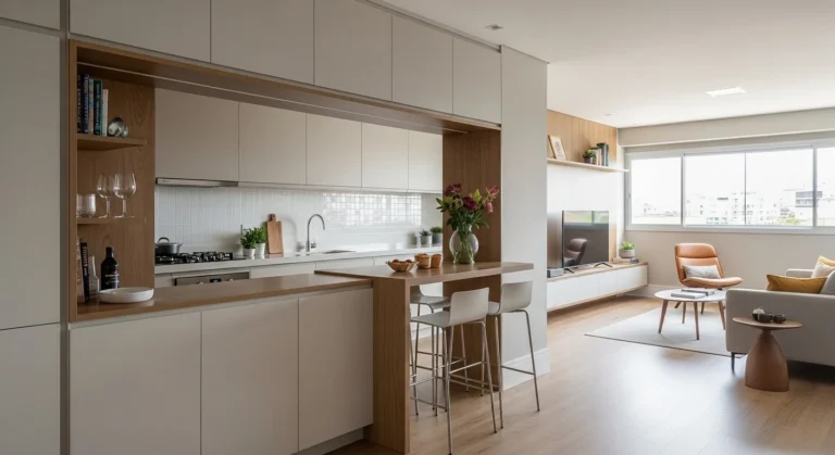 Cozinha integrada à sala com bancada multifuncional tipo passa-pratos, marcenaria contínua e design moderno que une praticidade, circulação e convivência no dia a dia.