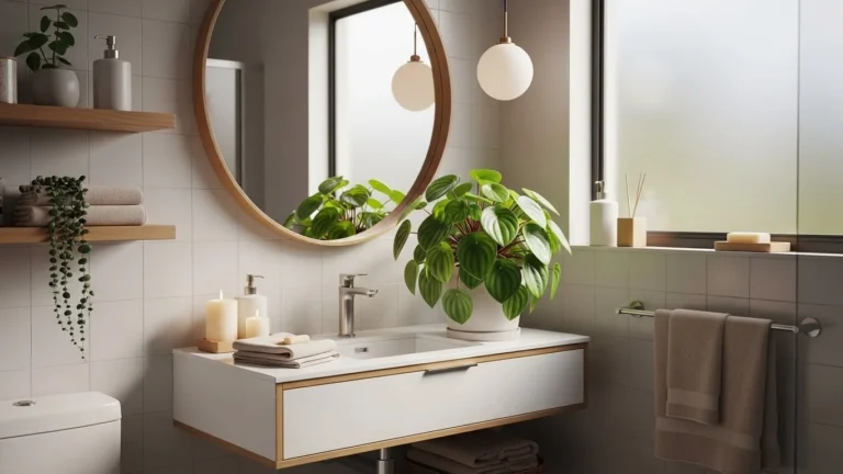 Peperômia em banheiro pequeno bonito e bem decorado, ideal para pouca luz natural.