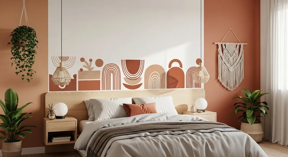 Cabeceira com adesivos decorativos em estilo boho chic, trazendo um visual moderno, econômico e aconchegante para o quarto.