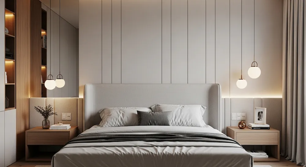 Cabeceira de tecido tensionado em quarto contemporâneo elegante, com decoração moderna, iluminação indireta e tons neutros.