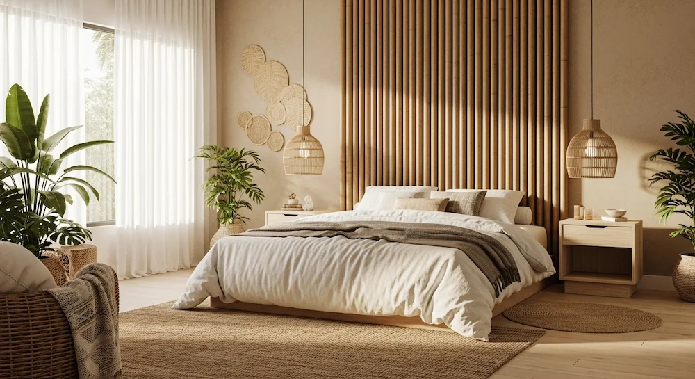 Ultra-realistic interior photography of a contemporary bedroom featuring a natural bamboo headboard, tropical and relaxing style, vertical bamboo poles forming the headboard behind the bed, warm neutral color palette with beige, sand and light wood tones, Brazilian coastal decor, airy and serene atmosphere, queen size bed with white and linen bedding, natural fibers, jute rug, rattan pendant light, indoor tropical plants, soft morning sunlight entering through sheer curtains, minimalist nightstands in light wood, eco-friendly and sustainable design concept, interior design magazine style, ultra-detailed textures, natural shadows, depth of field, 8K UHD, high realism
