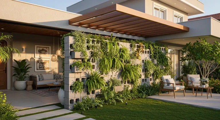 Casa brasileira moderna com jardim vertical em blocos de concreto, decoração sofisticada e paisagismo contemporâneo em área externa.