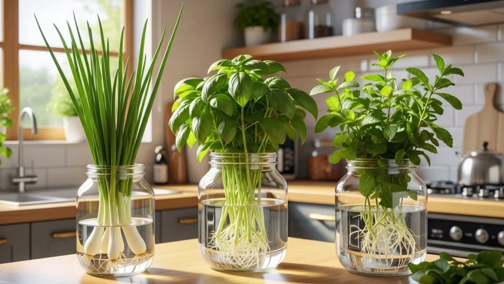 Ervas como cebolinha, manjericão e hortelã cultivadas na água na cozinha, unindo economia e decoração.