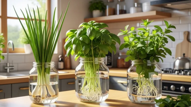 Ervas como cebolinha, manjericão e hortelã cultivadas na água na cozinha, unindo economia e decoração.