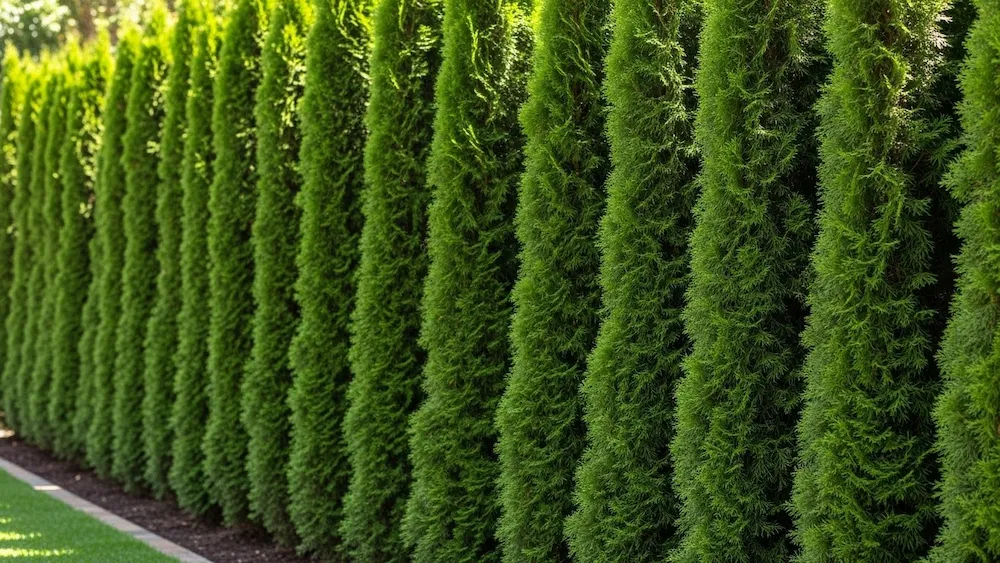 Cipreste Italiano formando cerca viva alta e densa, ideal para criar barreira natural rápida e elegante na área externa.
