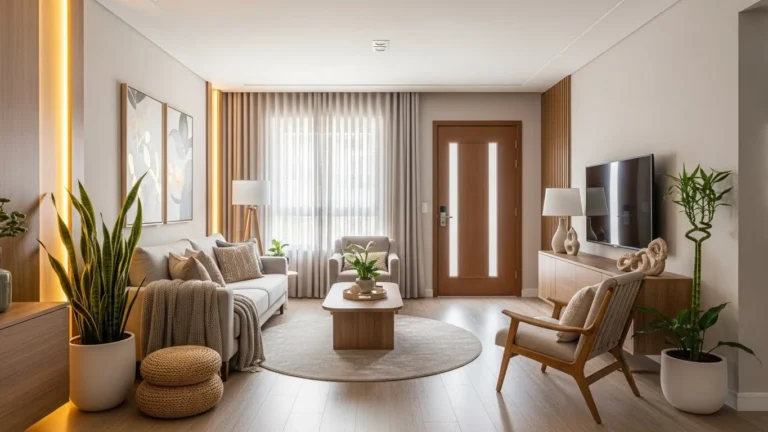 Sala de estar completa com feng shui aplicado, decoração equilibrada, plantas e boa circulação de energia.