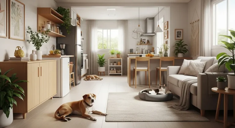 Casa limpa e organizada com cachorro e gato em ambiente moderno e aconchegante.