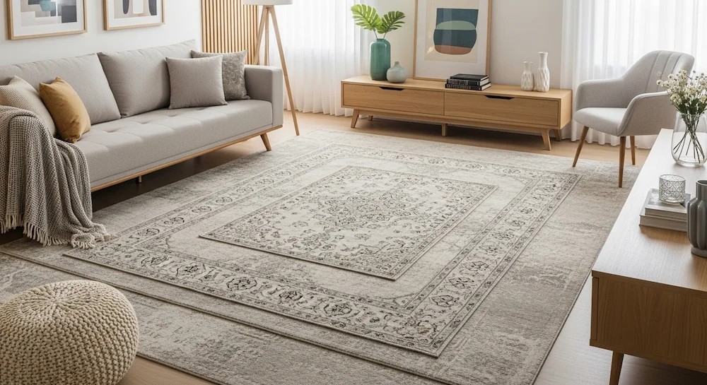 Sala moderna com técnica de layering usando tapete neutro maior como base e tapete pequeno decorativo por cima para corrigir proporção.
