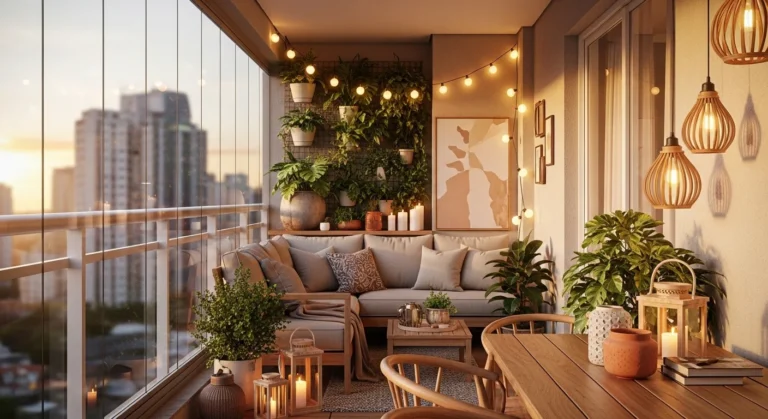 Varanda gourmet pequena transformada em refúgio particular com iluminação aconchegante, plantas naturais e decoração econômica em apartamento brasileiro.