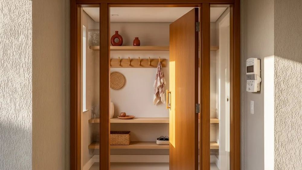 Porta de entrada abrindo para dentro mostrando hall pequeno minimalista com prateleiras flutuantes, tons neutros e materiais naturais aplicados segundo o feng shui.