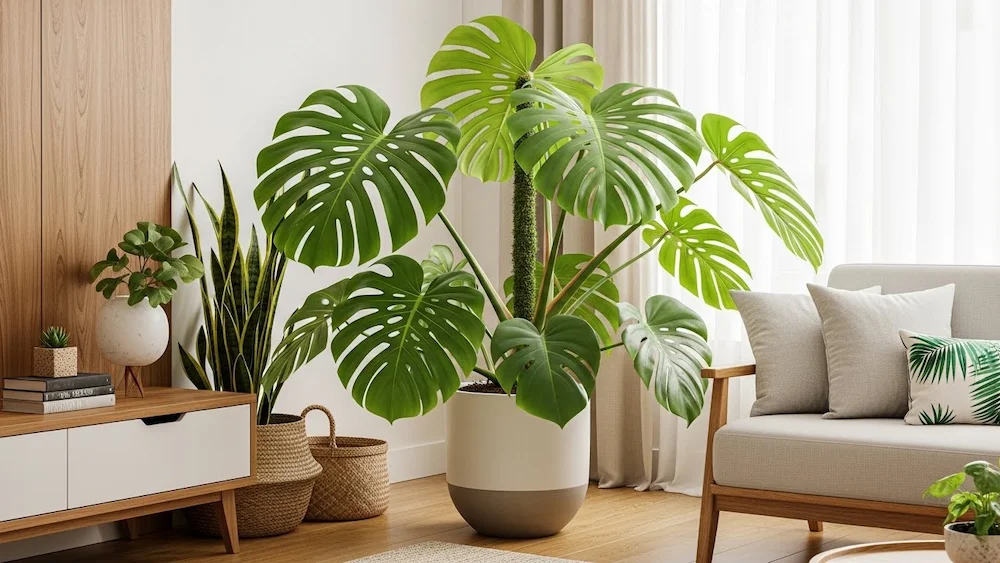 Costela-de-adão (Monstera Deliciosa) grande em sala brasileira moderna, com folhas recortadas e brilho natural, criando clima tropical e descolado.
