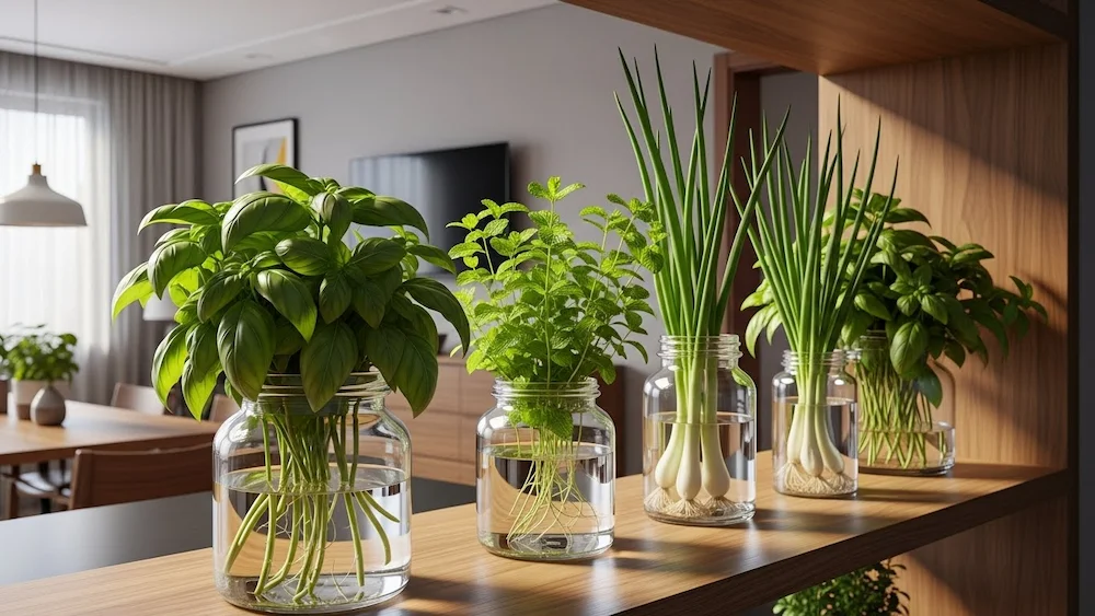Ervas cultivadas na água usadas como decoração natural dentro de casa, trazendo frescor e vida ao ambiente.