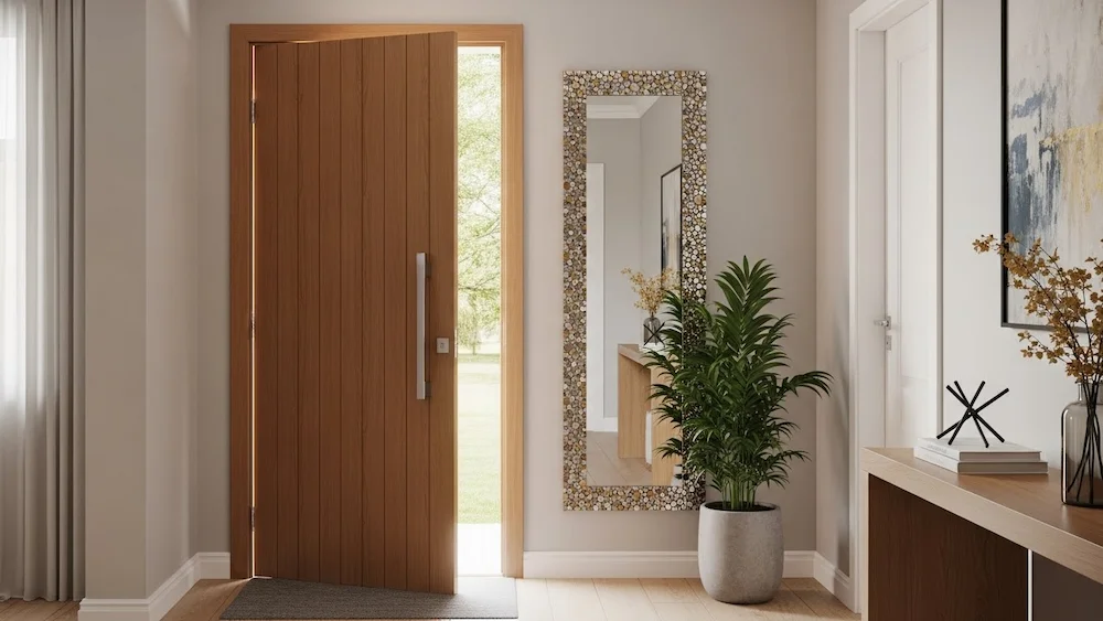 Espelho e planta posicionados atrás da porta de entrada segundo o feng shui para atrair energia positiva.