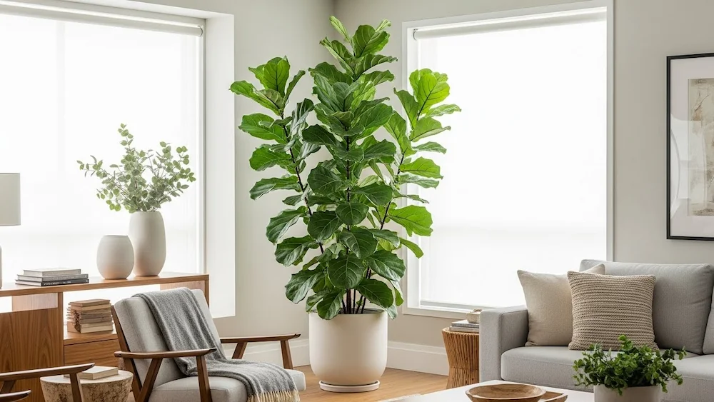 Ficus Lyrata grande em sala brasileira bem iluminada, com folhas largas e brilhantes, usada como ponto focal na decoração.
