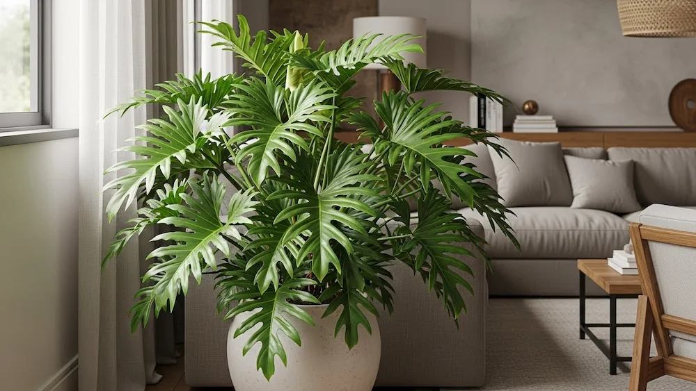 Filodendro-ondulato com folhas grandes, onduladas e brilhantes em sala brasileira moderna, criando volume e efeito tropical na decoração.
