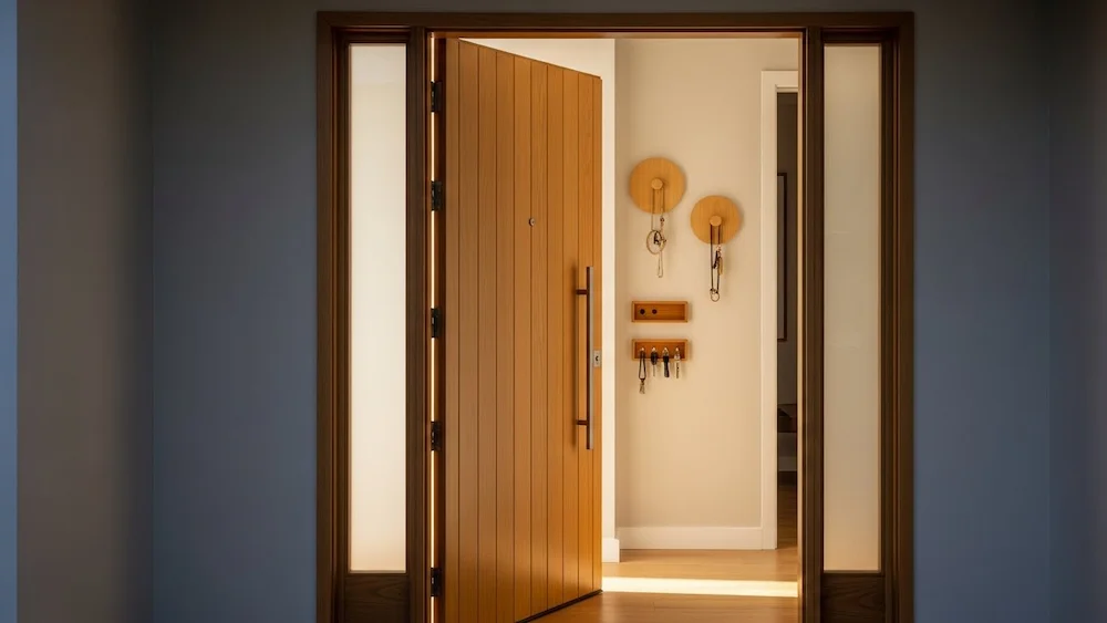 Porta de entrada abrindo para dentro de uma casa brasileira, revelando ganchos e porta-chaves organizados atrás da porta segundo o feng shui para atrair energia positiva.