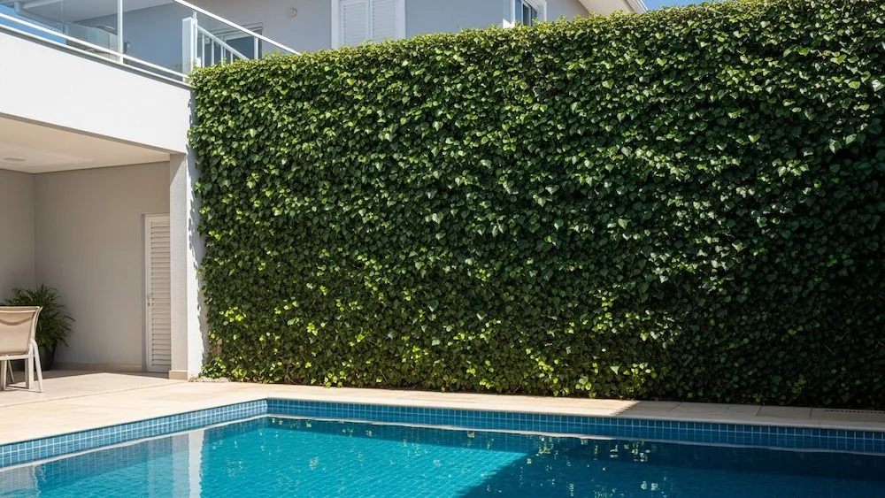 Hera inglesa cobrindo muro interno de casa brasileira com piscina, formando cerca viva densa e bloqueando insetos voadores.

