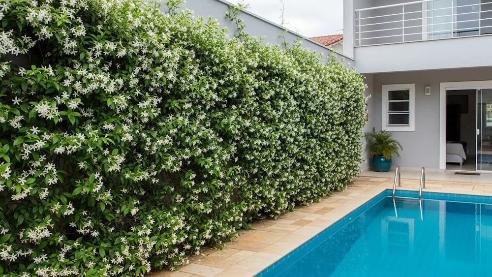 Jasmim-estrela formando cerca viva em muro interno de casa brasileira com piscina, criando privacidade e perfume natural.
