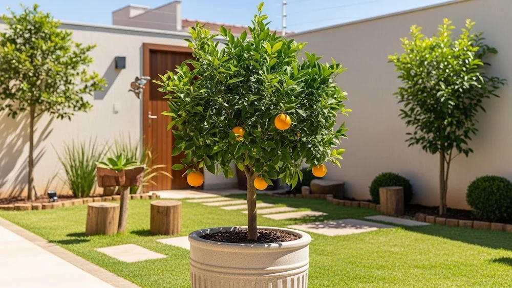 Laranjeira anã produzindo frutos em vaso no quintal de uma casa brasileira, integrada à decoração do jardim.
