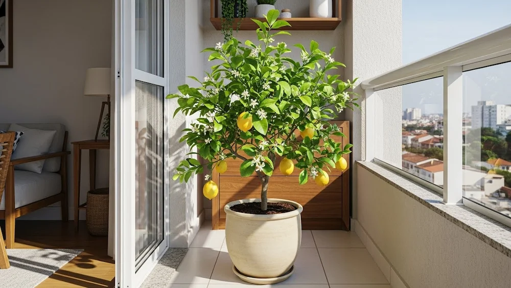 Limoeiro Meyer produzindo limões em vaso em varanda ensolarada de apartamento brasileiro.
