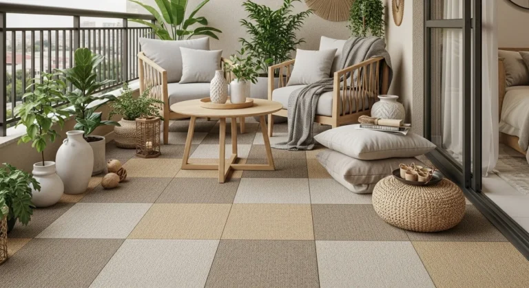 Varanda de apartamento decorada com tapete modular estilo carpete, plantas naturais e decoração aconchegante.
