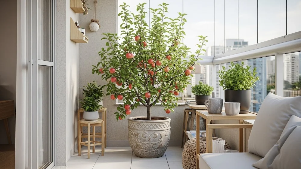 Macieira anã produzindo maçãs em vaso em varanda de apartamento brasileiro bem iluminada e decorada.
