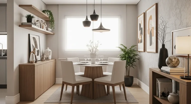 Sala de jantar pequena decorada com mesa de quatro cadeiras moderna e funcional.