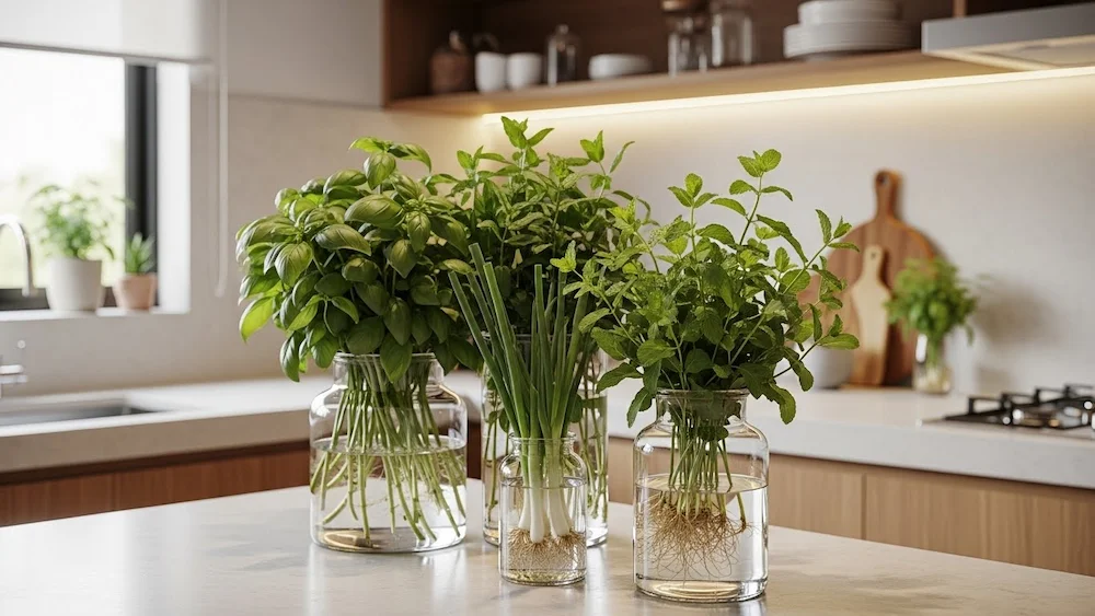 Ervas cultivadas na água decorando a bancada de uma cozinha moderna e bem harmonizada.