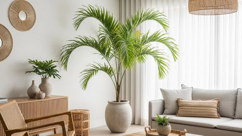 Palmeira-areca em sala brasileira moderna, com folhas plumosas e movimento leve, trazendo frescor, altura e elegância à decoração.
