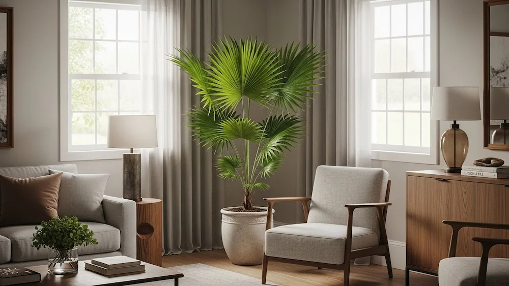 Palmeira-ráfia posicionada em canto da sala brasileira moderna, integrada à decoração com sofisticação e equilíbrio visual.

