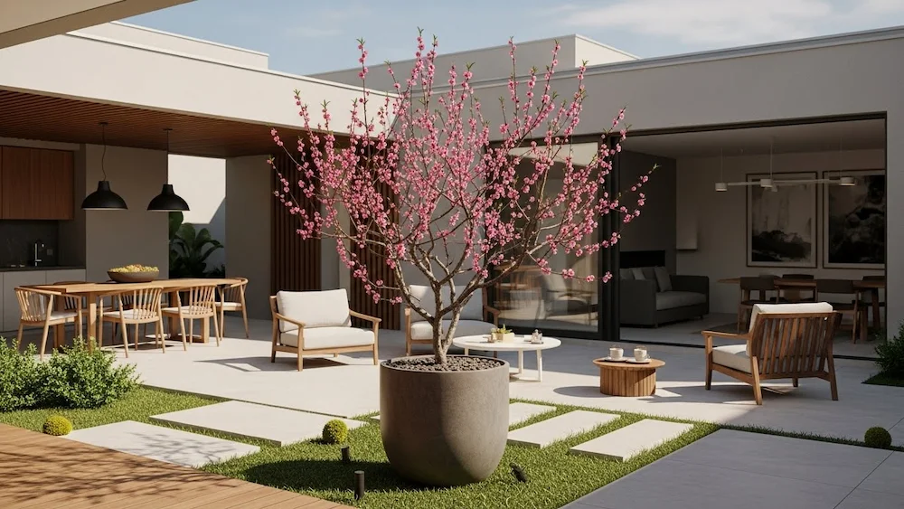 Pessegueiro anão em vaso decorando o quintal de uma casa brasileira moderna, com paisagismo contemporâneo e flores rosadas.

