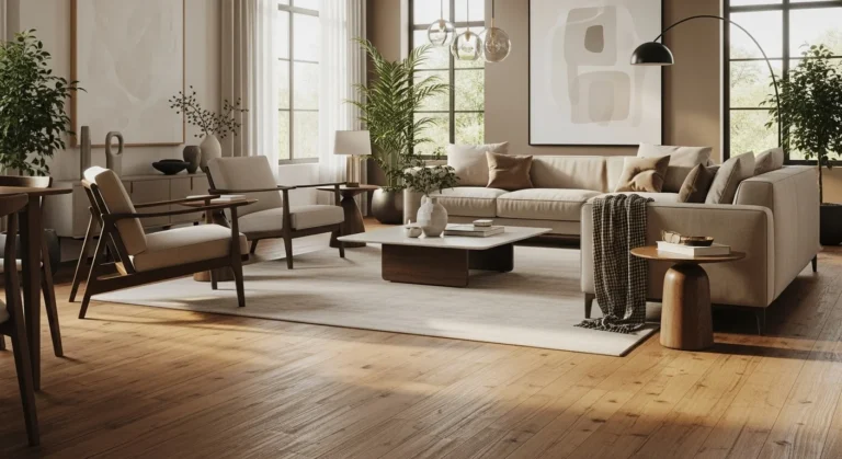Sala de estar elegante com piso de madeira natural, decoração contemporânea e iluminação aconchegante.