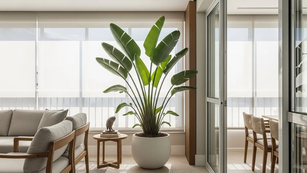 Ave-do-paraíso (Strelitzia nicolai) em sala ou varanda brasileira moderna, com folhas grandes e exuberantes criando impacto visual e privacidade na decoração.
