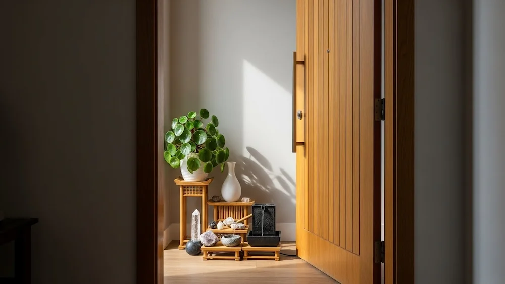 Plantas de folhas arredondadas, cristais, fonte de água e altar de feng shui posicionados atrás da porta de entrada em uma casa brasileira, criando equilíbrio, energia positiva e harmonia no ambiente.