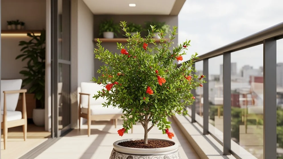 Romãzeira anã em vaso na varanda de apartamento brasileiro moderno, com flores vermelhas ornamentais e decoração contemporânea.
