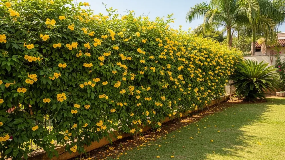 Sansão do Campo formando cerca viva florida em jardim residencial brasileiro.