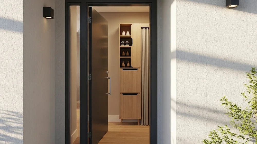 Sapateira vertical com portas posicionada atrás da porta de entrada em um hall pequeno, mantendo o feng shui e o fluxo de energia positivo na casa.