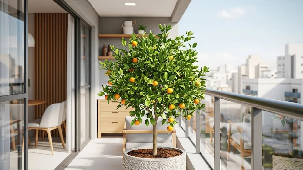 Tangerineira anã em vaso na varanda de apartamento brasileiro moderno, com frutos maduros e decoração contemporânea.

