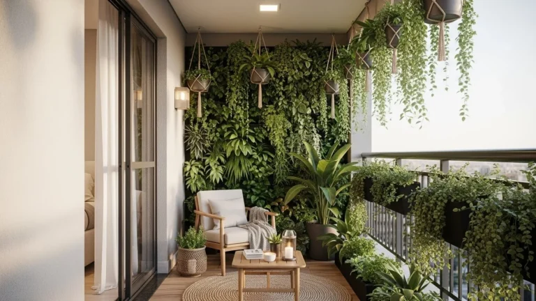 Varanda de apartamento com jardim suspenso, plantas pendentes e decoração aconchegante em estilo moderno e natural.