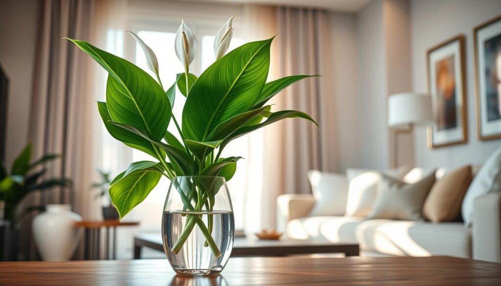A beautifully arranged indoor scene featuring a lush peace lily plant (Spathiphyllum) gracefully propagating in a clear glass vase filled with water. In the foreground, the vase showcases its elegant, broad green leaves and delicate white flowers, contrasting vividly against the transparency of the water. The middle ground includes a softly lit window revealing natural light cascading into the room, enhancing the serene ambiance. In the background, a tastefully decorated living space with neutral tones, subtle textures, and minimalistic decor emphasizes the elegance of the peace lily. The overall mood is fresh, inviting, and peaceful, evoking a sense of tranquility and sophistication in the use of water-based plant propagation. The image is captured from a slightly elevated angle to showcase both the plant's beauty and the stylish surroundings, with warm, natural lighting that highlights the colors and textures. A beautifully arranged indoor scene featuring a lush peace lily plant (Spathiphyllum) gracefully propagating in a clear glass vase filled with water. In the foreground, the vase showcases its elegant, broad green leaves and delicate white flowers, contrasting vividly against the transparency of the water. The middle ground includes a softly lit window revealing natural light cascading into the room, enhancing the serene ambiance. In the background, a tastefully decorated living space with neutral tones, subtle textures, and minimalistic decor emphasizes the elegance of the peace lily. The overall mood is fresh, inviting, and peaceful, evoking a sense of tranquility and sophistication in the use of water-based plant propagation. The image is captured from a slightly elevated angle to showcase both the plant's beauty and the stylish surroundings, with warm, natural lighting that highlights the colors and textures.