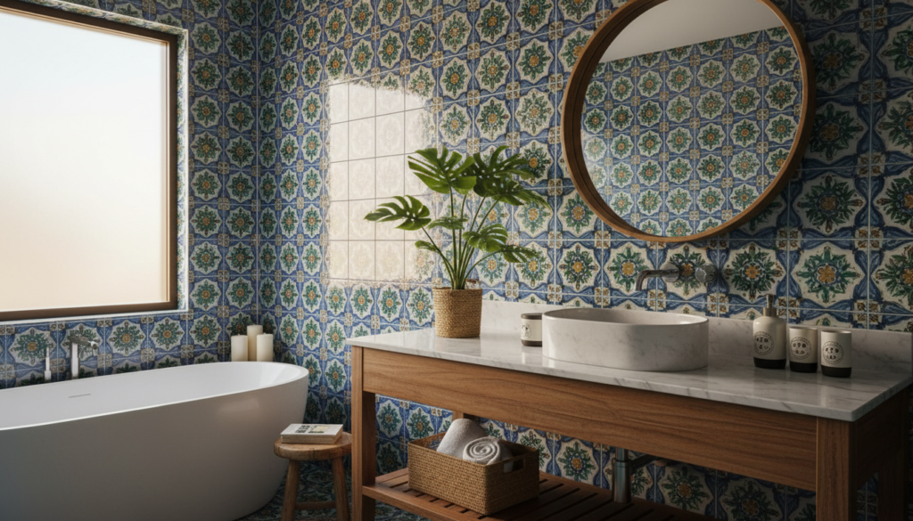 A beautifully designed bathroom featuring uniquely personalized details in the tile work. In the foreground, intricate azulejo patterns in vibrant blues and greens adorn the walls, showcasing traditional Brazilian artistry. The middle ground displays a stylish vanity with elegant accessories, including a decorative plant and tasteful toiletries, harmonizing with the tile design. Soft, natural lighting filters through a large frosted window, casting a warm glow that enhances the colors. In the background, a pristine bathtub invites relaxation, with a few decorative candles beside it. The overall mood is inviting and serene, perfect for a personal oasis at home, emphasizing unique touches that reflect individual style and culture. The scene should be depicted realistically, capturing the essence of modern Brazilian interior aesthetics. A beautifully designed bathroom featuring uniquely personalized details in the tile work. In the foreground, intricate azulejo patterns in vibrant blues and greens adorn the walls, showcasing traditional Brazilian artistry. The middle ground displays a stylish vanity with elegant accessories, including a decorative plant and tasteful toiletries, harmonizing with the tile design. Soft, natural lighting filters through a large frosted window, casting a warm glow that enhances the colors. In the background, a pristine bathtub invites relaxation, with a few decorative candles beside it. The overall mood is inviting and serene, perfect for a personal oasis at home, emphasizing unique touches that reflect individual style and culture. The scene should be depicted realistically, capturing the essence of modern Brazilian interior aesthetics.