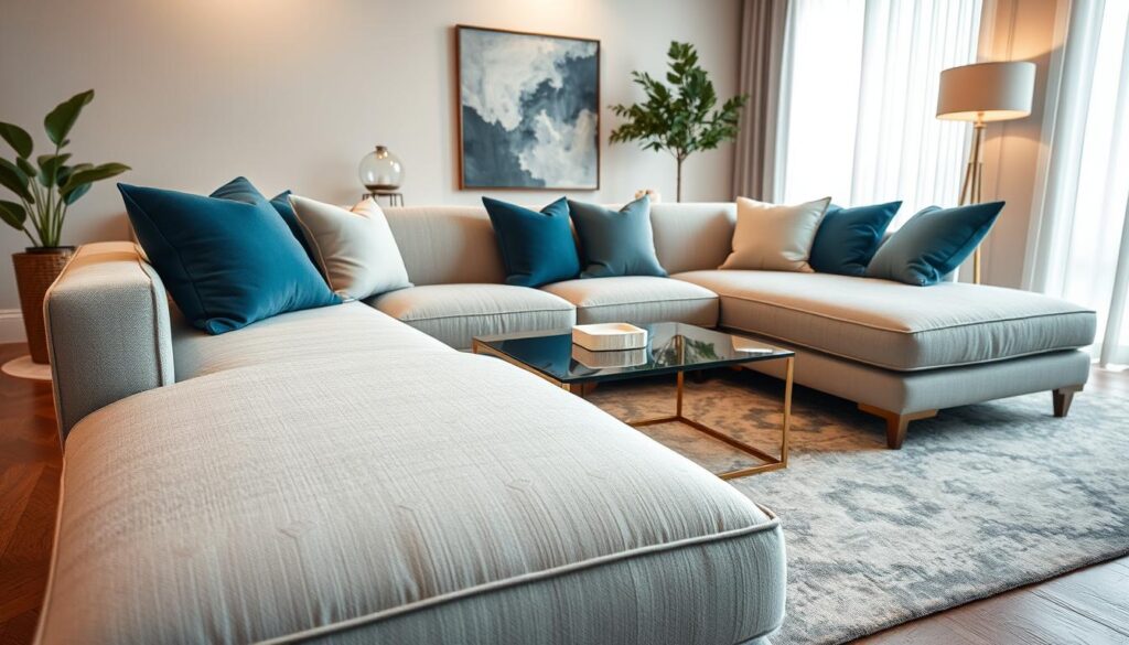 A beautifully designed "sofá chaise" in a stylish living room setting, featuring a light gray fabric with elegant stitching and luxurious throw pillows in varying shades of blue and cream. In the foreground, the chaise extends gracefully, creating a cozy atmosphere. The middle ground showcases a chic coffee table made of glass and gold accents, surrounded by a tasteful area rug that ties the room together. The background includes modern decor elements, such as an abstract painting and a subtle indoor plant, enhancing the visual appeal. Soft, natural lighting filters through sheer curtains, illuminating the scene with a warm and inviting glow. The camera angle is slightly elevated, capturing the elegance and sophistication of this stylish living room setup designed for comfort and aesthetic harmony.